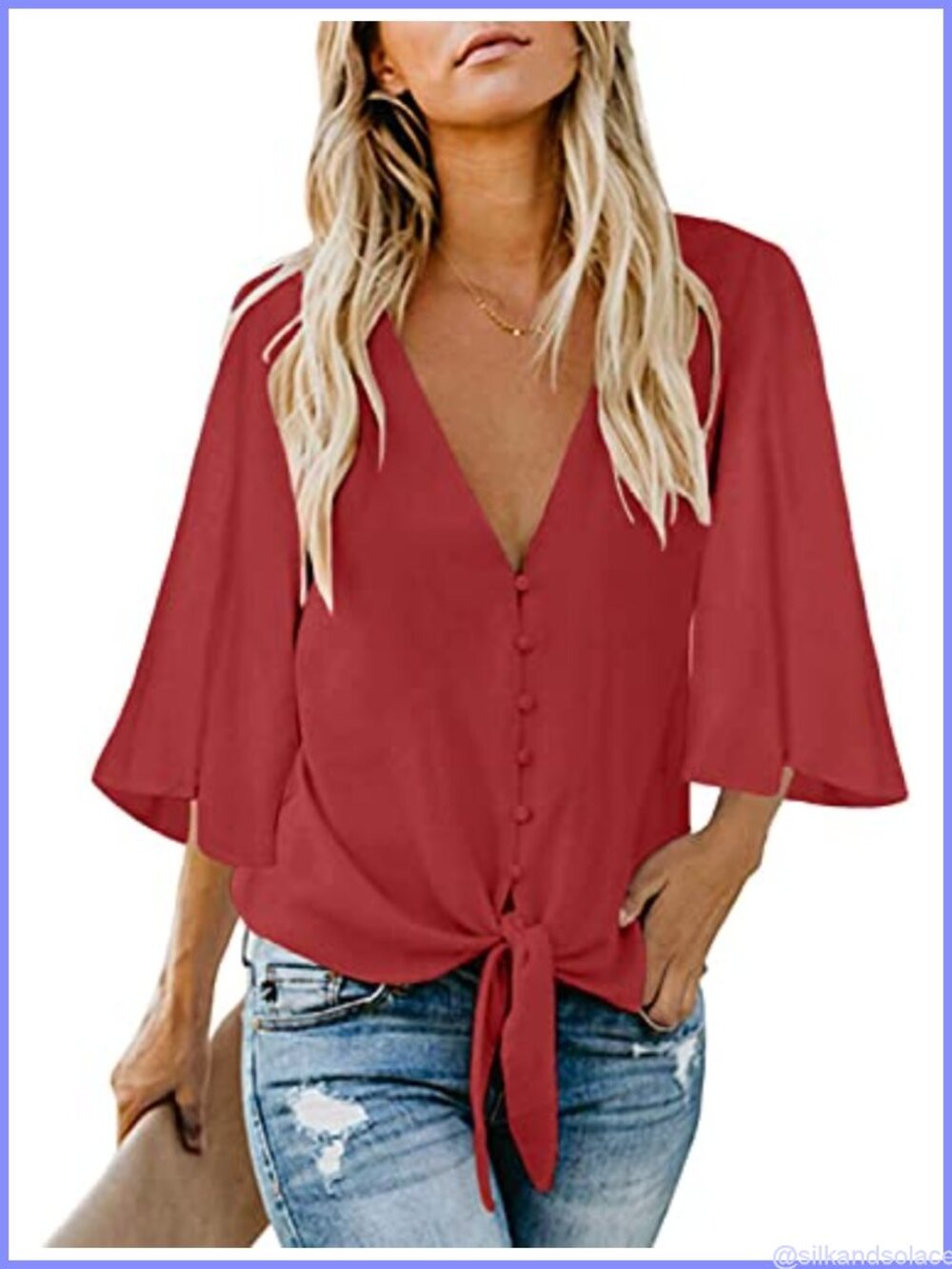 Kancystore Womens Tie Knot Front Blouse Button Down Deep V Neck Chiffon Top